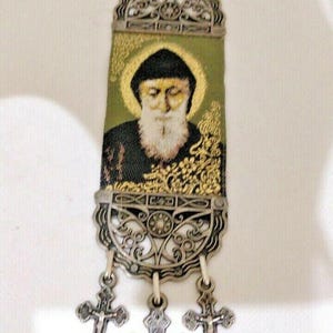 St Charbel Fabric Cloth Icon Banner Textile Art with 3 Crosses / Wall or Car Hanging / Stunning