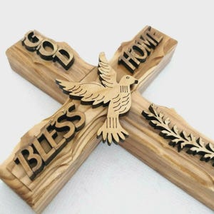 Hand carved Holy Spirit with God bless our home Olive Wood Wall Hanging Cross 20cm from Jerusalem, The Holy land / Please read description