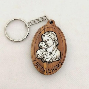 Hand Made Olive Wood Mary & Baby Jesus Key ring, Made in Bethlehem, The Holy Land