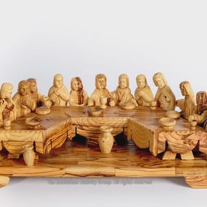 Large Hand Carved Last Supper Olive Wood Table, Made in Jerusalem The Holy Land.