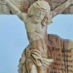 Hand Crafted Olive Wood Jesus Crucifixion Master Piece Statue, With Scripture of (John 3:16). Please read full description.