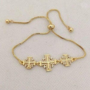 Stunning Gold Plated and Zircons Classic Jerusalem Cross Blessed Bracelet. Worth reading the description