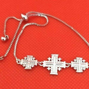 Silver and Zircons Classic Jerusalem Cross Blessed Bracelet, With FREE Luxury Gift Box please read description.