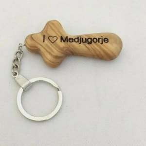 Olive Wood Comfort Cross I love Medjugorje Key Chain, Blessings from Jerusalem.