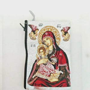 Unsere Liebe Frau Jungfrau Maria und Jesuskind Tapisserie Rosenkranz / Bibel oder Kirche Silber Tasche oder Geldbörse / mit Reißverschluss und Griff