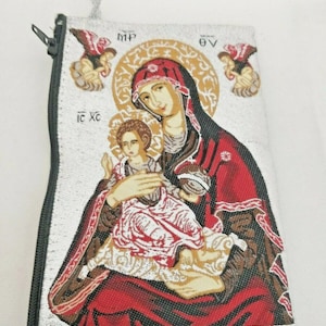 Unsere Liebe Frau Jungfrau Maria und Jesuskind Tapisserie Rosenkranz / Bibel oder Kirche Silber Tasche oder Geldbörse / mit Reißverschluss und Griff
