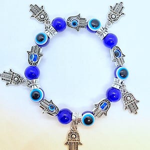 Handmade Hamza Blue Evil Eye Hand Stretch Beaded Super Unique Bracelet