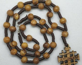 Hand made Olive wood Necklace with Jerusalem Cross (plenty info in description)