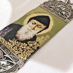 Saint Charbel Fabric Cloth Icon Banner Textile Art with 3 Crosses / Wall or Car Hanging / Stunning