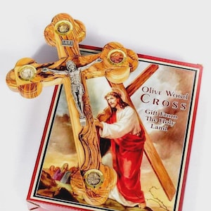 28CM Hand Made Olive Wood Crucifix from Bethlehem, With 4 Glass (Soil,Rocks, Frankincense ,Olive Leaves) from The Holy Land/ Free Gift Box