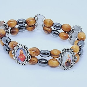 hand made Hematite stone and Olive Wood elasticated bracelet with Icons ( Divine mercy, Sacred Heart and more )