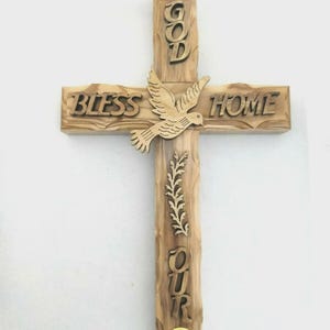 Hand carved Holy Spirit with God bless our home Olive Wood Wall Hanging Cross 20cm from Jerusalem, The Holy land / Please read description