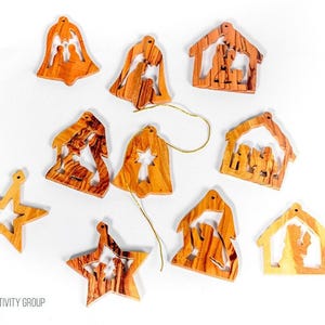 Brand New Olive Wood Christmas Tree Ornament Decorations , Set of 10 Pieces / made in Bethlehem , The Holy Land