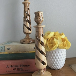Set of 2 Hand Made Olive Wood Candle Holders, Sticks / Free Candles