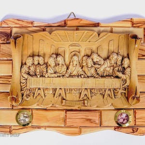 Hand Made Square Olive Wood Wall Plaque With Ceramic Last Supper Clay From Jerusalem, The Holy Land