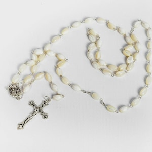 Hand Crafted Mother of Pearl Rosary with Holy Soil from Jerusalem. Free Booklet how to pray the Rosary, Plenty details in description.