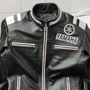 Men Lambskin Black & White Yamaha Leather Jacket Yamaha Motorbike Racing Jacket Luxury Biker Jacket Yamaha Racing Team Leather Jacket EI50