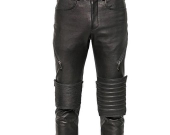 Genuine Lambskin Black Leather Biker Pant: Quilted Cafe Racer Style