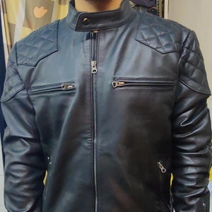 Real Lambskin Black Leather Jacket For Men Quilted Motorcycle Jacket SlimFit Cafe Racer Biker Leather Jacket Riding Team Leather Jacket EI53