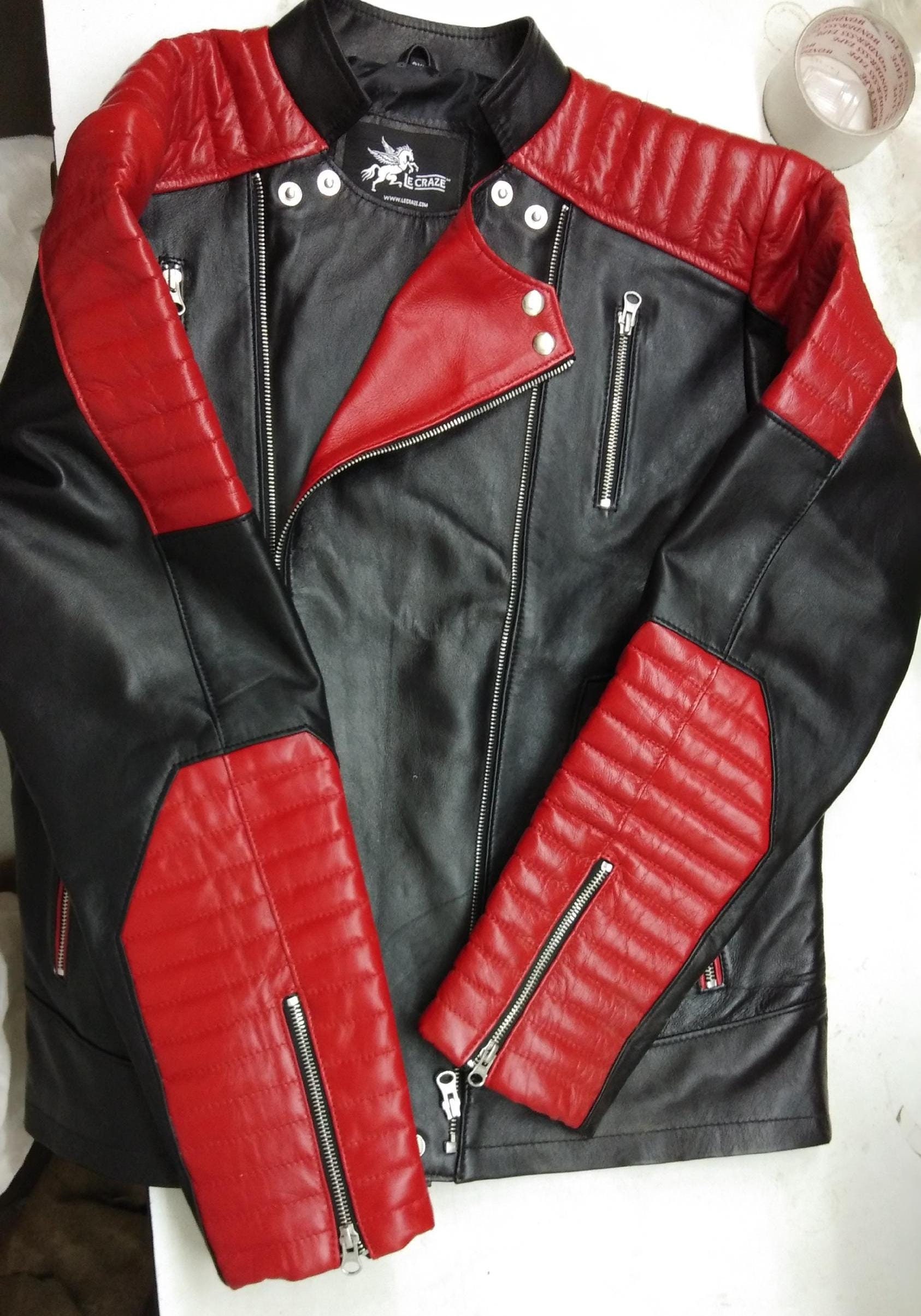 Men's Black & Red Lambskin Leather Biker Jacket: Quilted Moto Cafe