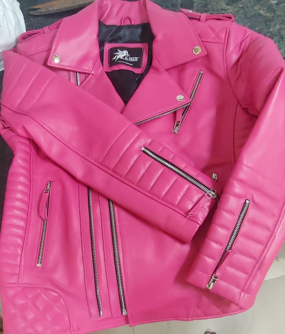 Mens Genuine Lambskin Pink Leather Jacket Motorcycle Biker