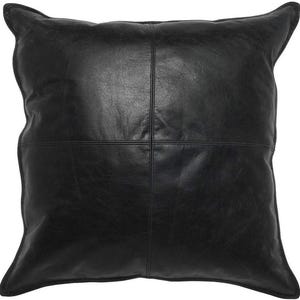 May include: A black leather pillow with a square stitched design. The pillow is made of a soft, supple leather and has a subtle sheen.