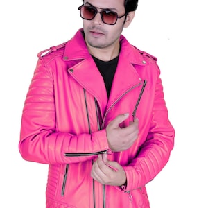 Blouson en cuir d'agneau véritable fait main rose vif pour homme Blouson de motard pour homme vêtement d'extérieur occidental Blouson en cuir de voyage à double fermeture éclair MLJ3