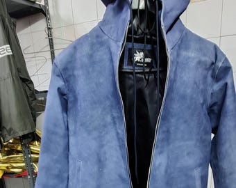 Giacca da motociclista in pelle di agnello con cerniera singola, stile denim, con cappuccio da uomo