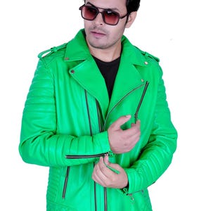 Neon Green Lambskin Leather Biker Jacket - Men&#39;s Motorcycle Jacket