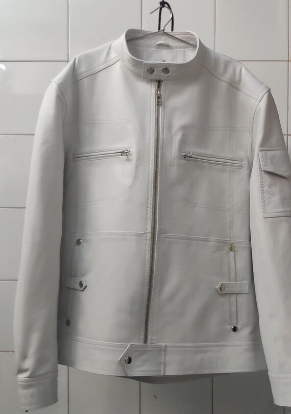 Lammfell weiße Lederjacke für Männer Western Motorradjacke Slim