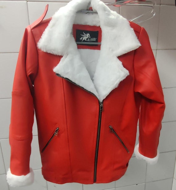 Red Lambskin Leather Biker Jacket: Genuine Fur Collar, Winter