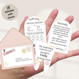 Carta, sobre y recibo en miniatura editables e imprimibles del Hada de los Dientes, certificado, primer diente perdido, juego del Hada de los Dientes en color rosa, Canva totalmente editable