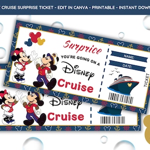 Billet dévoilement croisière Disney, billet cadeau croisière surprise modifiable, compagnie de croisière Disney, carte d'embarquement imprimable, bon de vacances dans un parc à thème