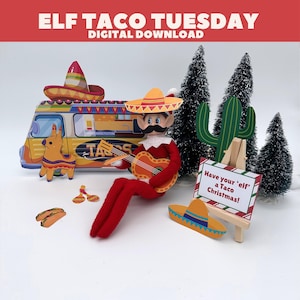 Elf na wtorek z taco, wydrukowany taco truck i akcesoria, przybycie elfa, zabawne pomysły na elfa na święta, rekwizyty dla elfa, natychmiastowe pobranie cyfrowe stoiska z taco