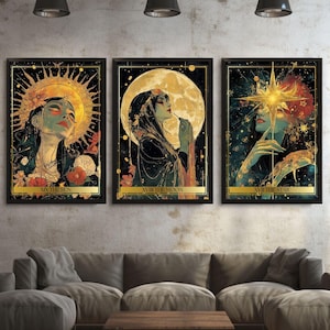 Trittico dei Tarocchi Magici - Carte Sole, Stella e Luna | Set di 3 poster | 300 DPI| fino ad A2, 5x7 AR | Stampabile digitale | Decorazione murale mistica