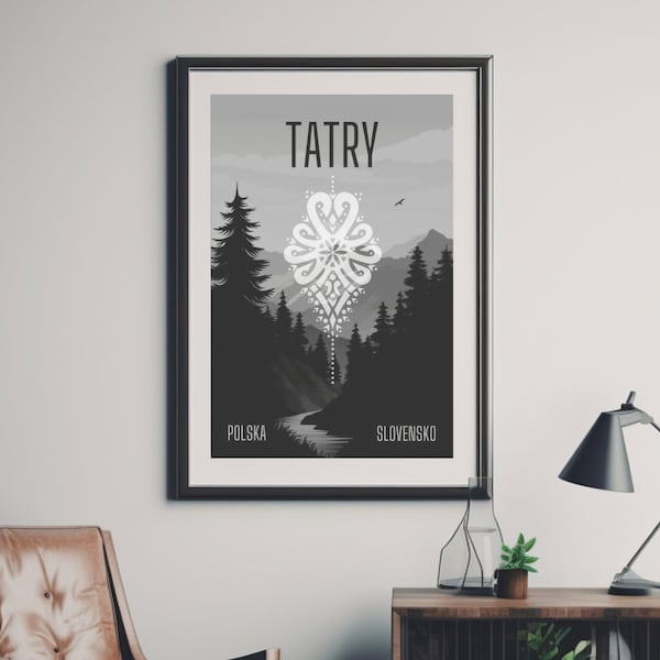 TATRY Parzenica Poster | Tatra Mountains with folk symbol | Black and white | 300 DPI | formats: up to A1 and up to 24x36 inch