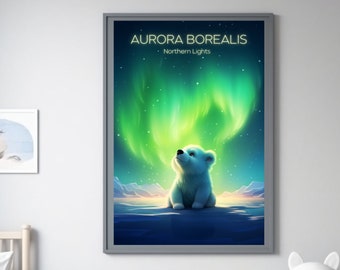 Aurora Borealis - Northern Lights | Cute Little Polar Bear at the North Pole | Poster for KIDS | Printable Wall Art | up to 18x27" | 300 DPI