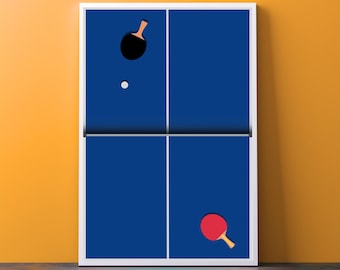 May include: A blue and white ping pong table with two paddles and a white ball. The table is divided into two halves by a white line. The paddles are on opposite sides of the table.