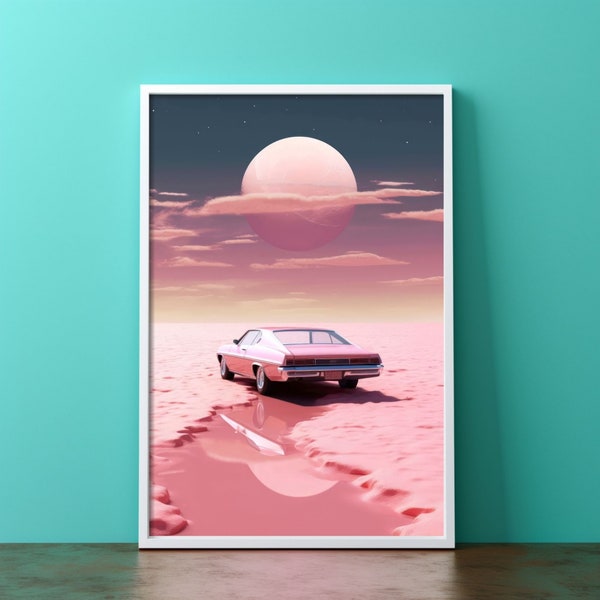 Vintage Pink Car on a Distant Planet | Retro-Futurism | Printable Poster | Digital Art | up to 24x36 inch | 300 DPI