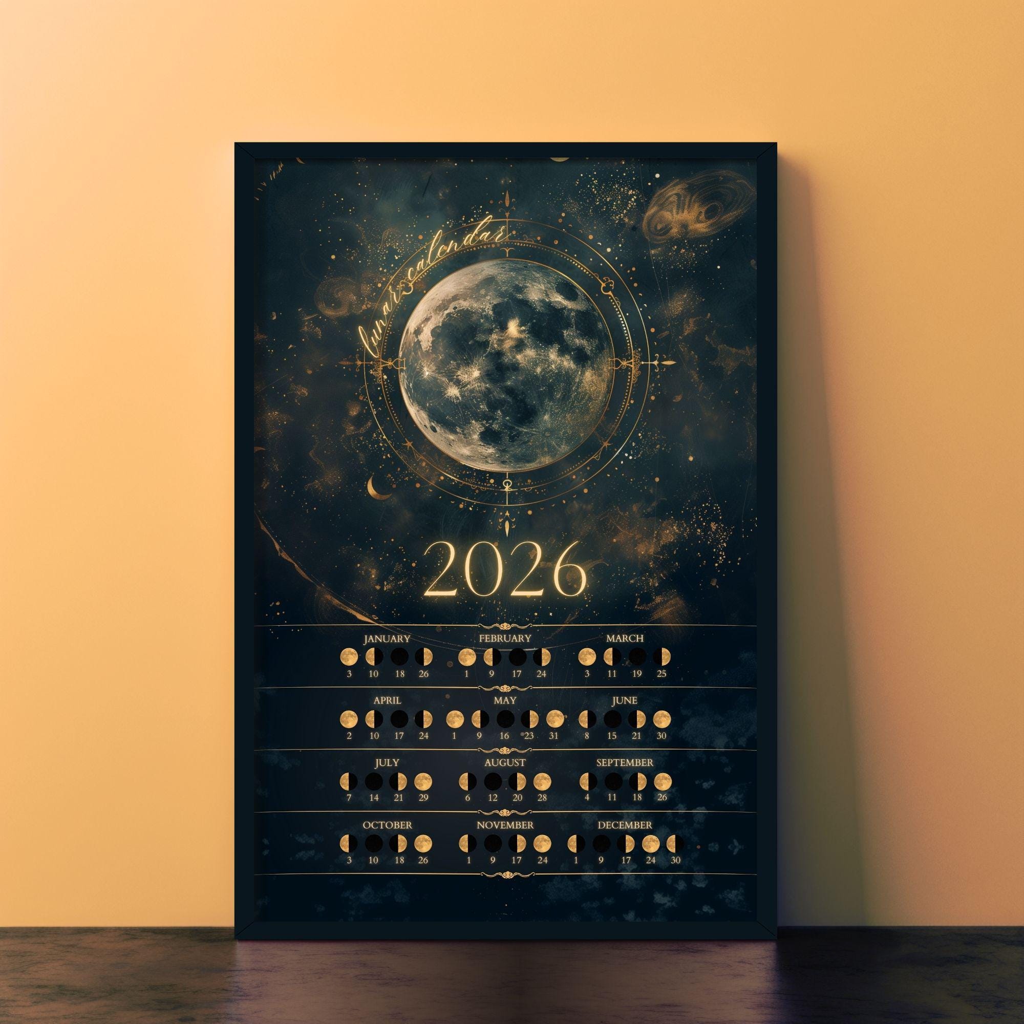 Magical Lunar Calendar 2026 | Moon Phases Poster | 300 DPI | Size