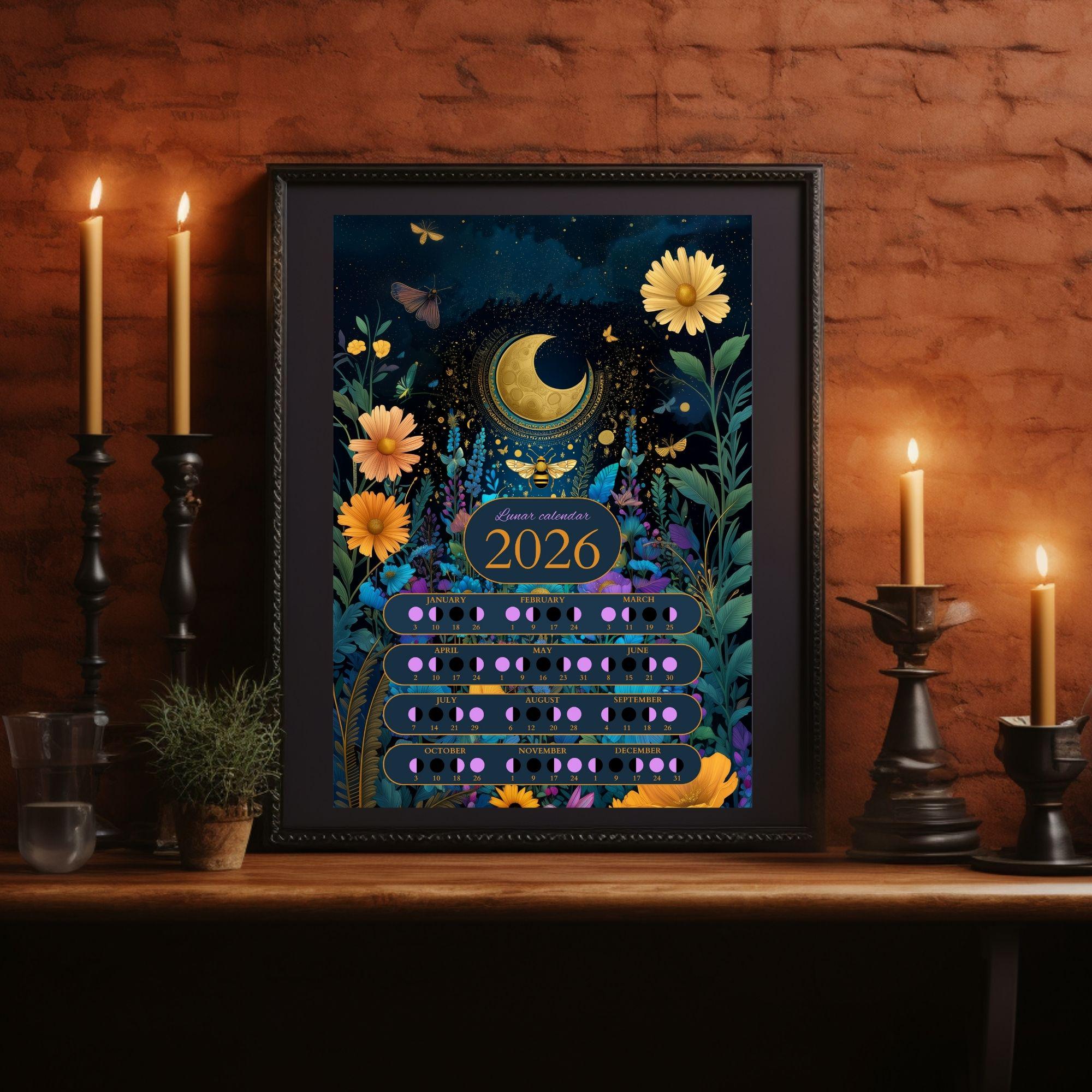 Vivid Lunar Calendar 2026 | Moon Phases Poster | 300 DPI | Size ...