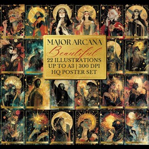Magnifiques illustrations des 22 Arcanes Majeurs du Tarot, format A3 | Ensemble d'affiches, jeu imprimable | 300 DPI | jusqu'à 11,7 x 16,5 pouces (29,7 x 42,0 cm)