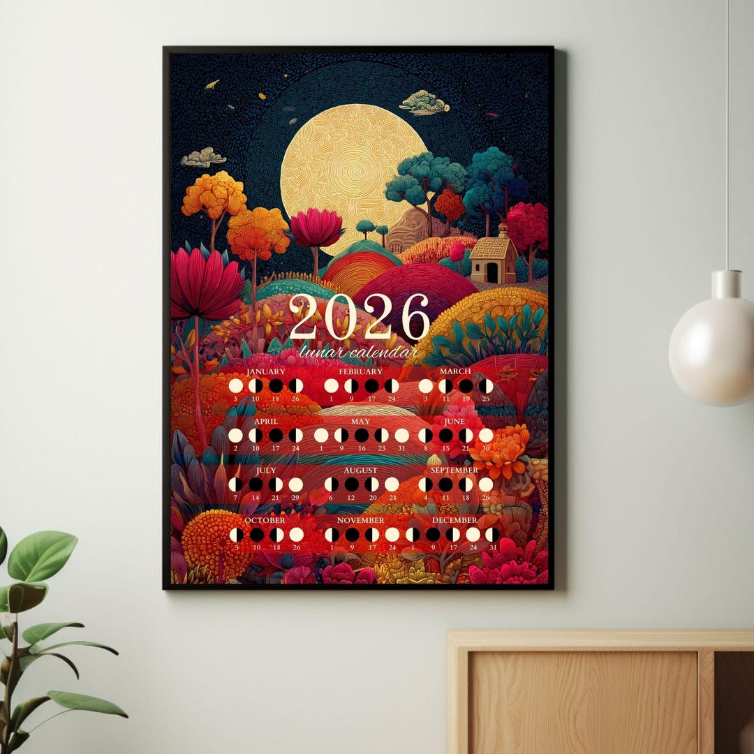 Folk Landscape - Lunar Calendar 2026 | Moon Phases Poster | 300 DPI ...
