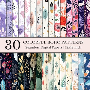 30 bunte Boho-Muster – nahtlose digitale Papiere | 12 x 12 Zoll (30 x 30 cm) | 300 DPI | Blumen, Vögel, Federn, Blätter, Bäume