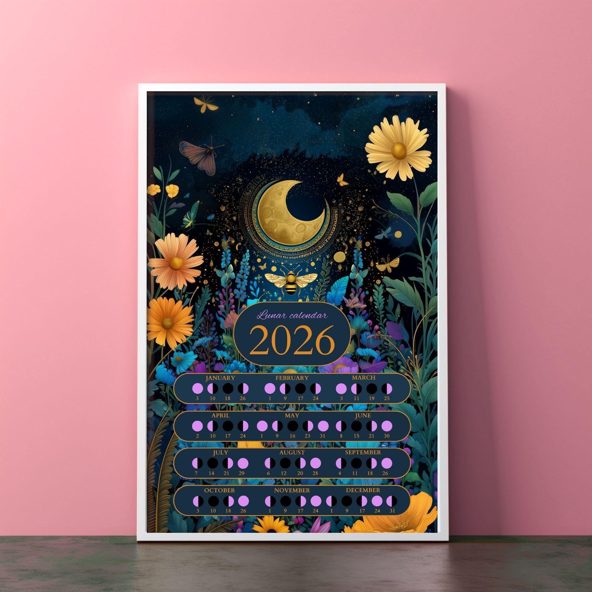 Vivid Lunar Calendar 2026 | Moon Phases Poster | 300 DPI | Size ...