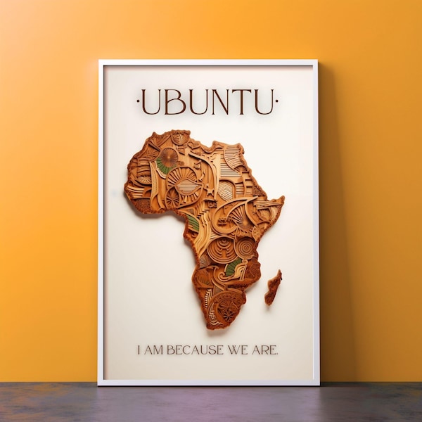 Arte mural Ubuntu | Póster imprimible con la forma de África en madera | Soy porque somos | 300 ppp | hasta 61 x 91 cm