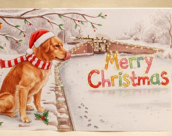 Golden Retriever with Canal Lock & Robin Christmas Card