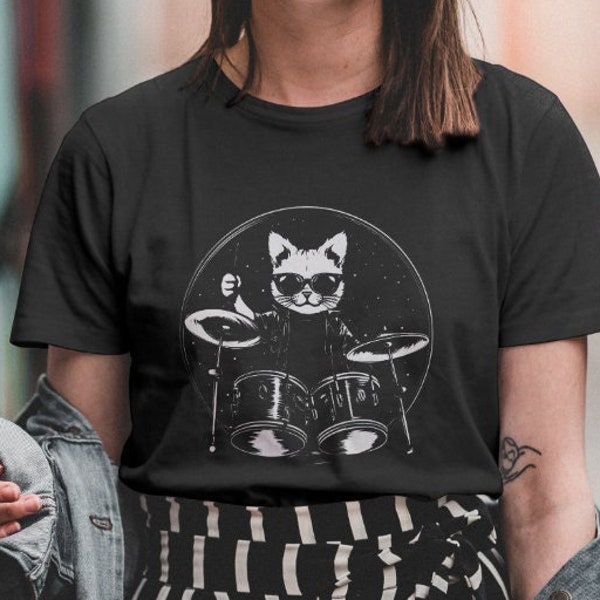 T-shirt gatto che suona la batteria, camicia per batteria gatto, camicia musicale per gatti, camicia amante della musica, maglietta amante dei gatti, maglietta per batteria gatto carino, camicia amante della batteria