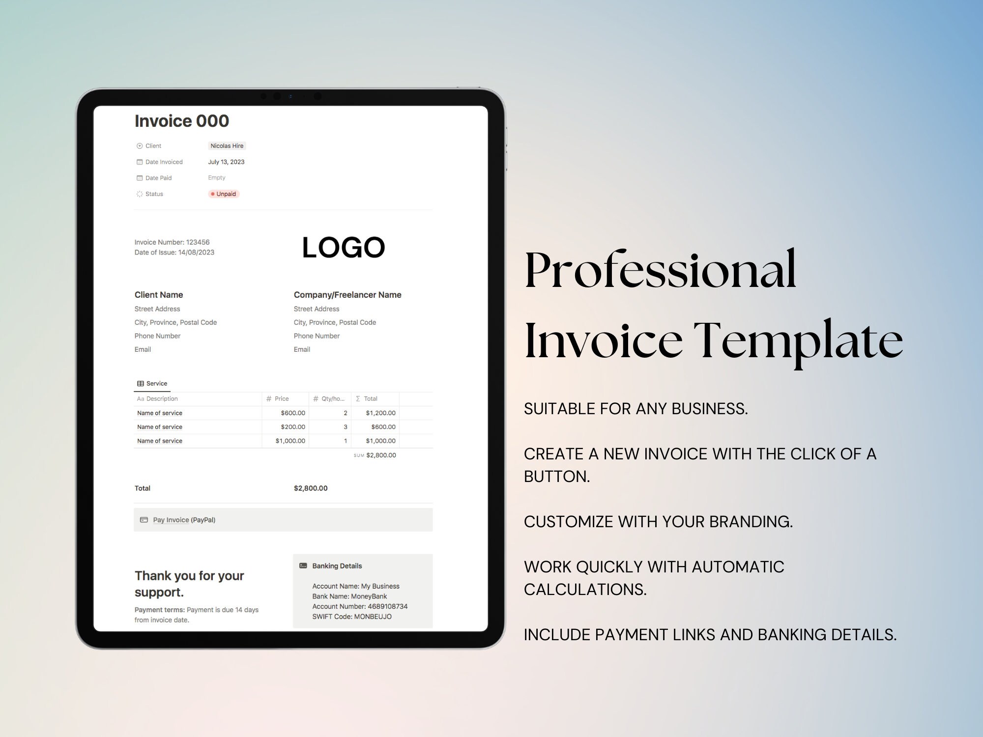 Notion Invoice Template Customizable Editable and Printable Etsy