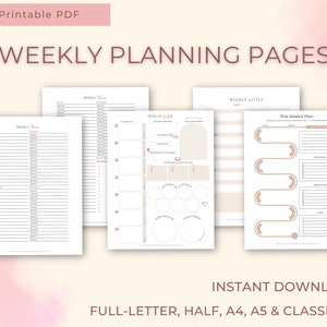 May include: Printable weekly planning pages in various formats, including full-letter, half, A4, A5, and classic HP. The pages feature a minimalist design with a light pink and brown color scheme.
